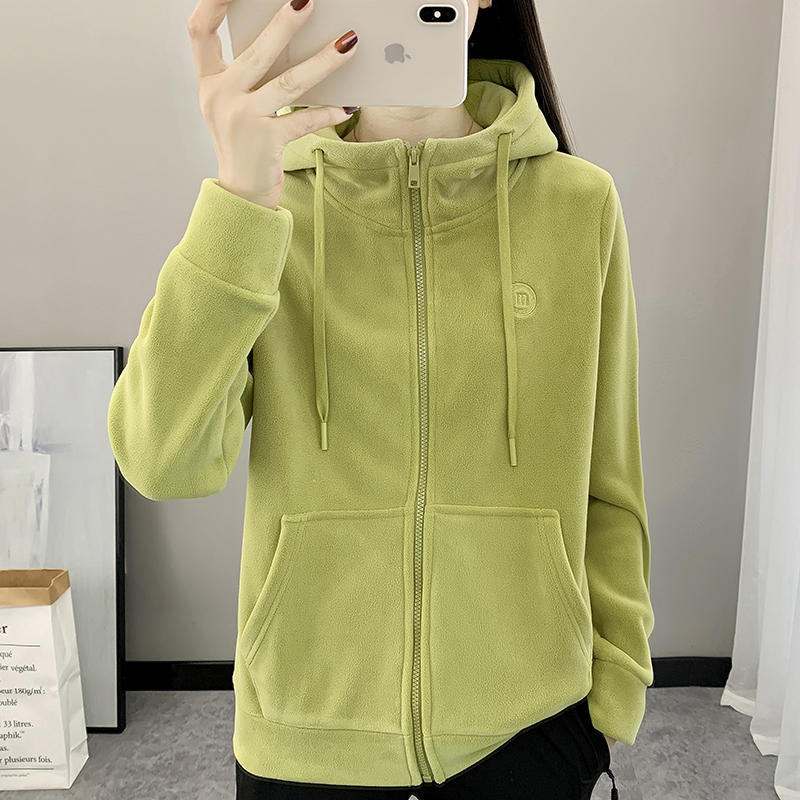 豹迹加厚保暖连帽抓绒衣女