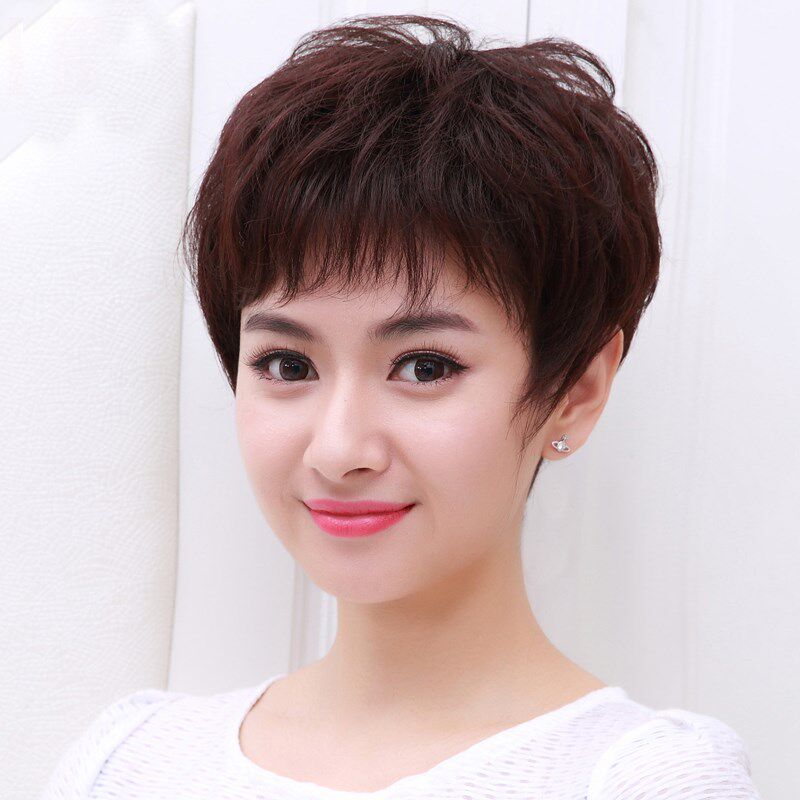 假发女短发短卷发女士圆脸发型真发妈妈假发轻薄款假发套
