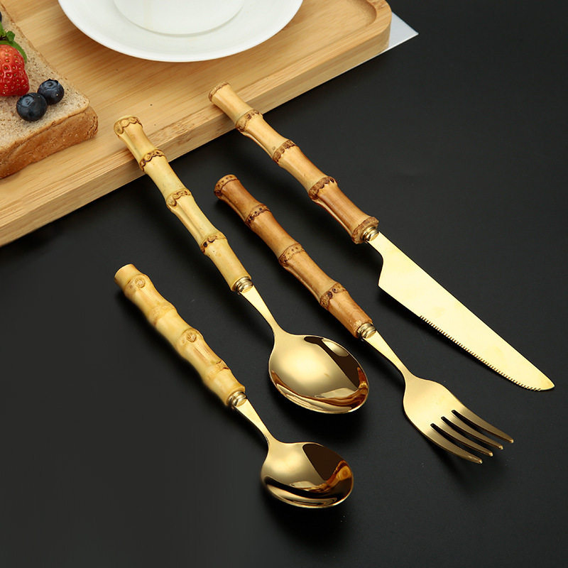 跨境不锈钢创意天然竹柄刀叉勺复古牛排刀叉勺四件套礼品套装