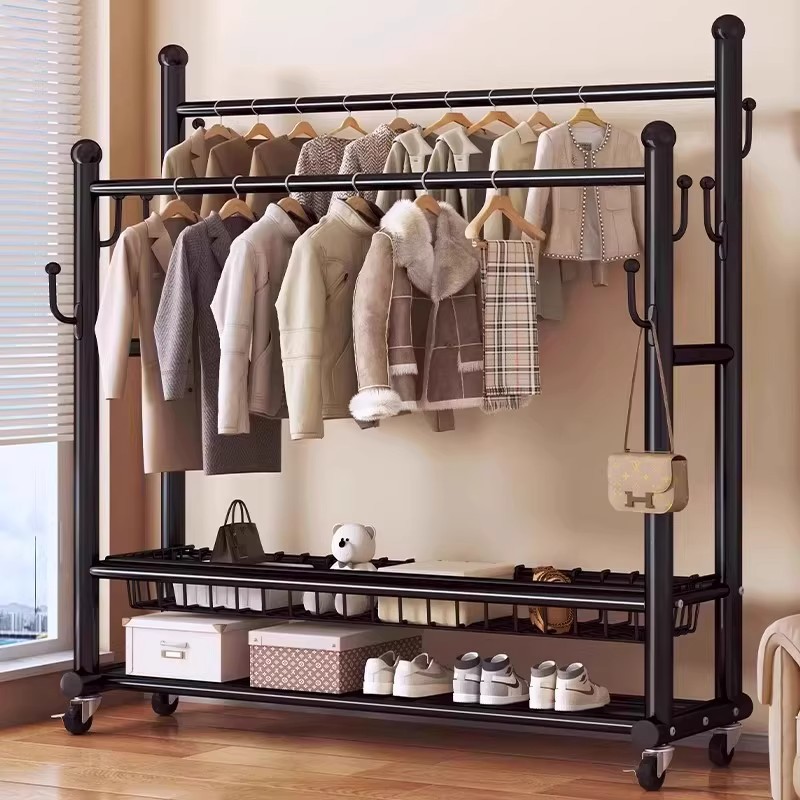 晾衣架落地卧室家用可移动挂衣架子室内房间衣服收纳架双杆衣帽架