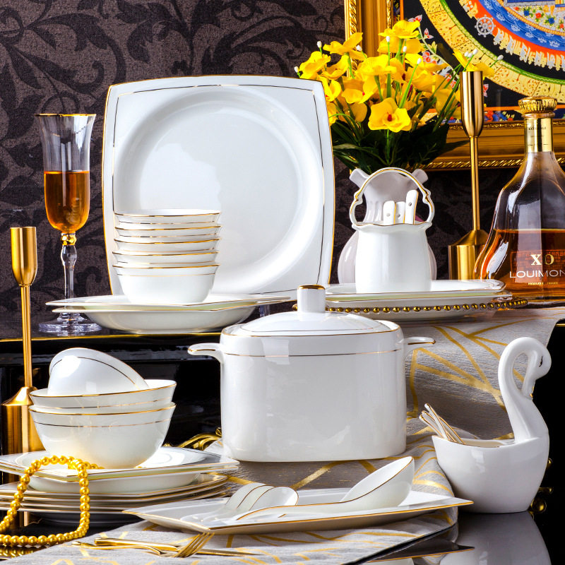 景德镇高档陶瓷餐具金镶玉手工描金碗碟套装家用简约欧式自由搭配