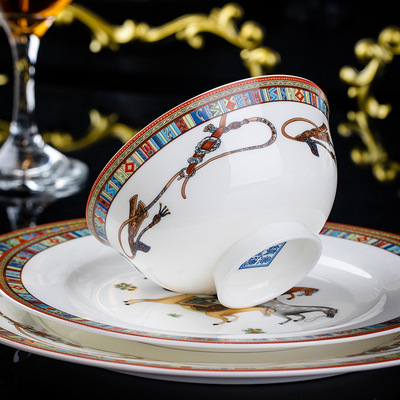 东方骏马餐具碗碟套装景德镇陶瓷家用轻奢骨瓷碗盘筷送礼品欧式碗