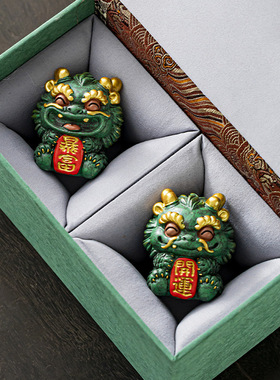 青砂石招财瑞兽麒麟开运暴富一对可爱小摆件创意家居办公室装饰品