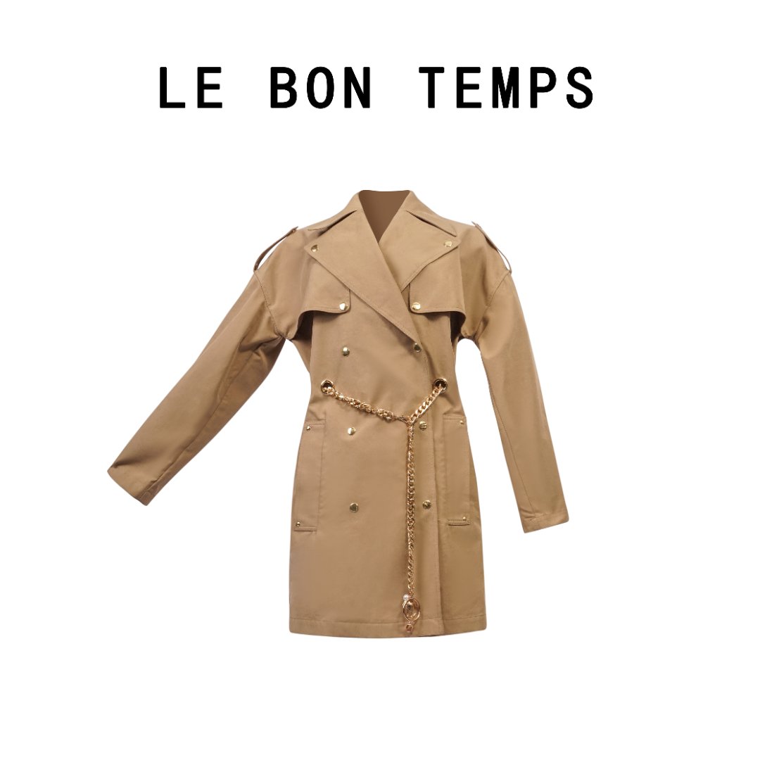 【LE BON TEMPS】卡其色链条风衣气质外套c800697