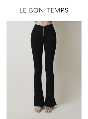 【LE BON TEMPS】黑色拉链修身显瘦休闲微喇叭长裤c800939