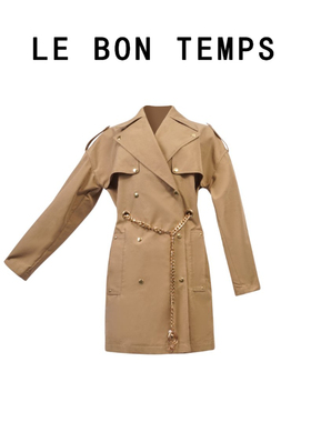 LBT秋冬款卡其色链条风衣气质风衣外套c800697