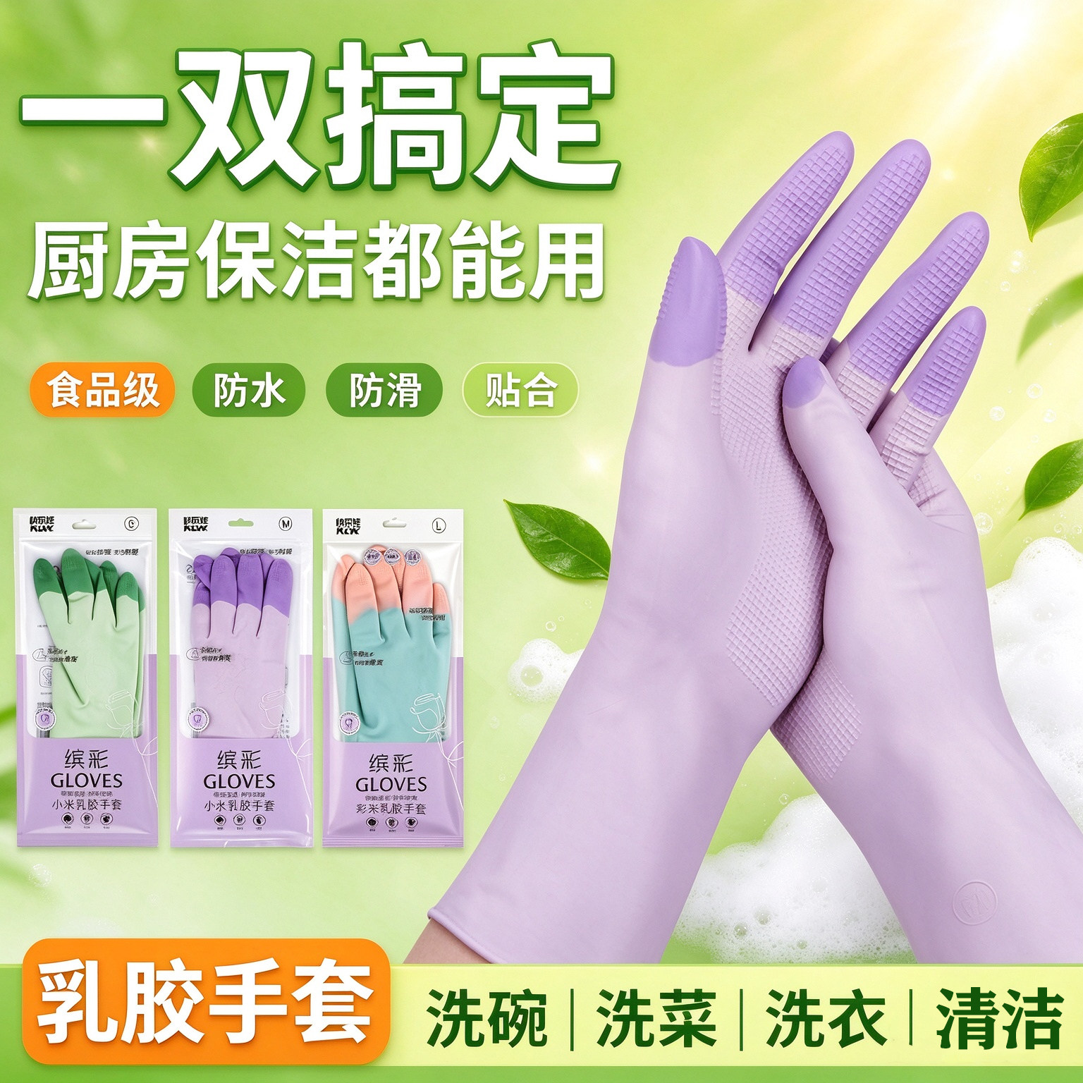 食品级乳胶家务手套超柔亲肤防水防滑洗碗耐用洗衣清洁防护手套