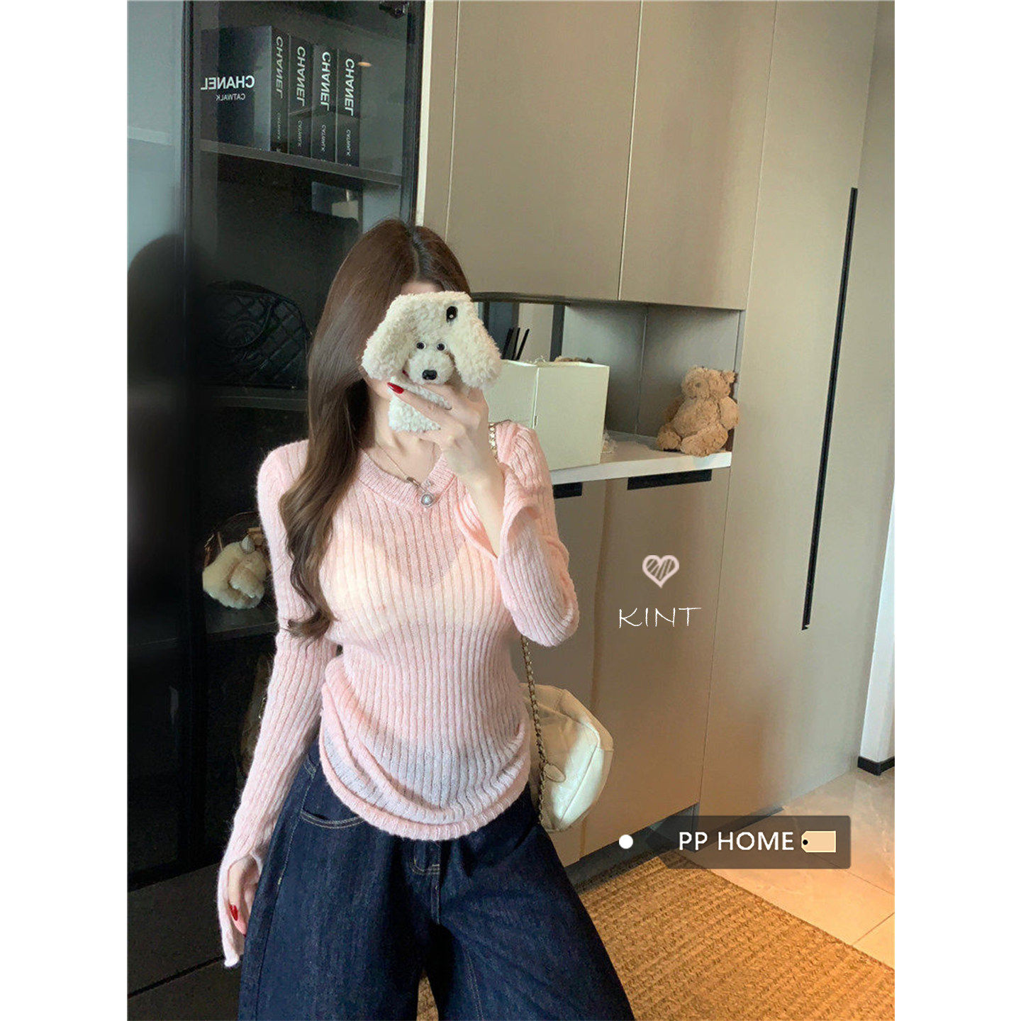 日本offcat粉色袖口开叉设计感V领内搭毛衣女秋冬修身显瘦针织衫