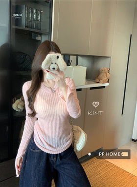 日本offcat粉色袖口开叉设计感V领内搭毛衣女秋冬修身显瘦针织衫