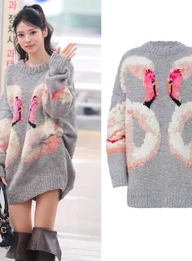 日本offcat田中杏奈同款复古立体火烈鸟套头毛衣宽松灰色针织上衣