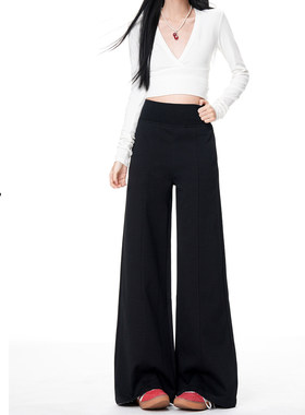 日本offcat黑色加绒阔腿运动卫裤女2025冬季新款设计垂感宽松直筒