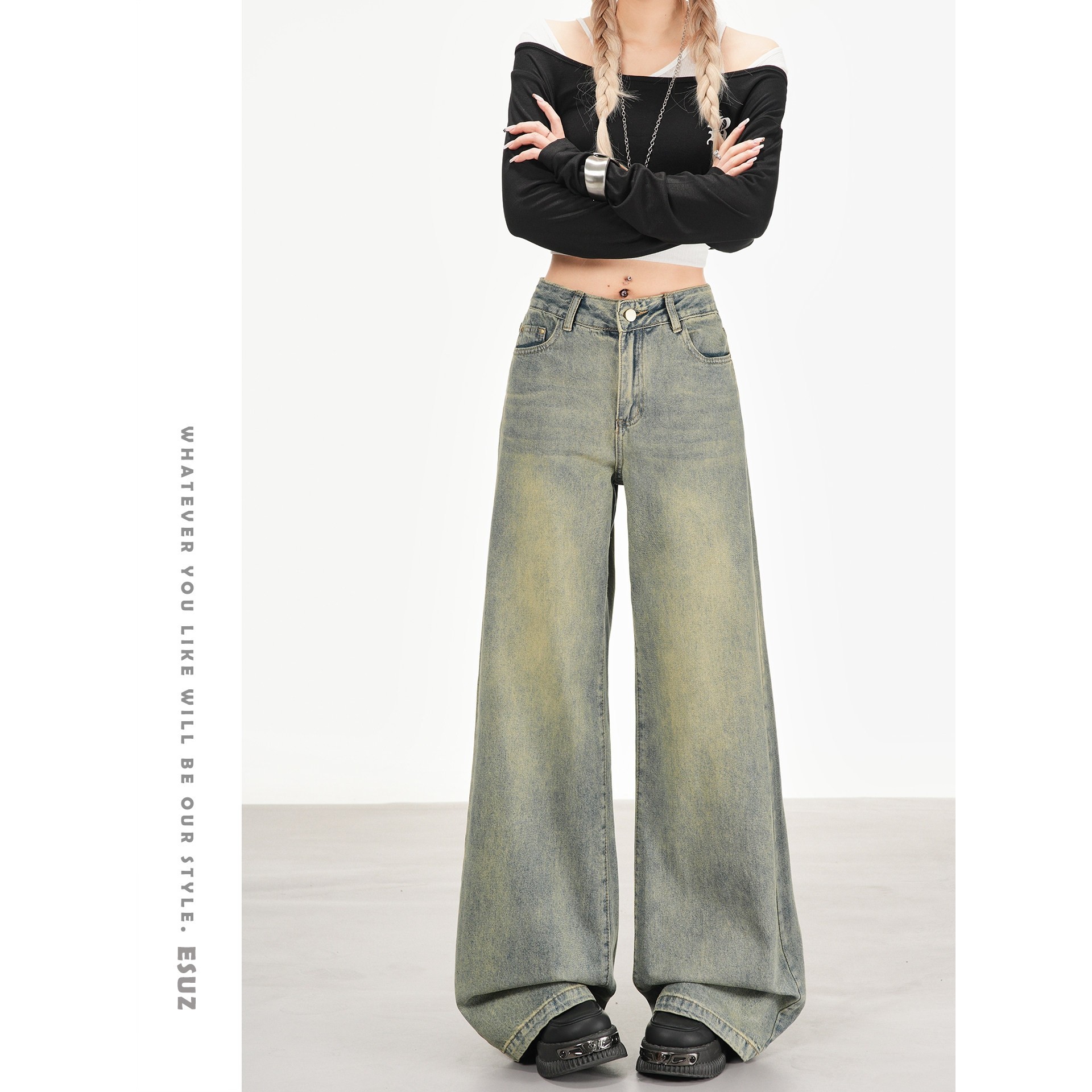 日本offcat美式做旧微喇阔腿牛仔裤女加绒秋冬款高腰不贴腿小个子