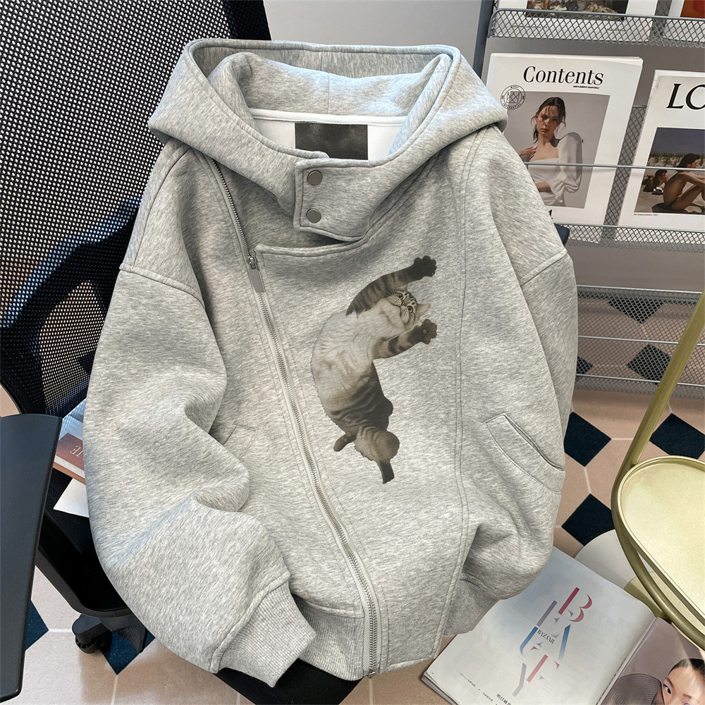 日本offcat日系慵懒风趣味猫咪卫衣开衫女秋冬宽松情侣装oversize