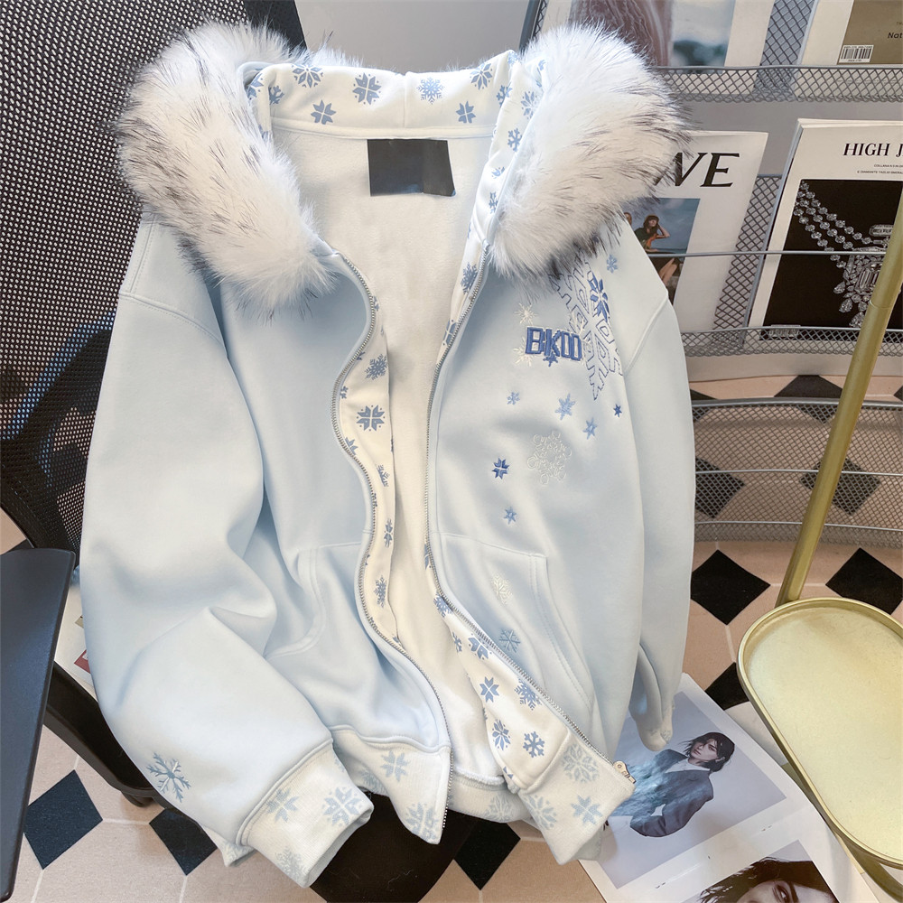 日本offcat韩系设计感雪花刺绣连帽卫衣女秋冬美式复古慵懒chic别