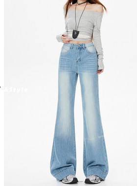 日本offcat浅蓝色高腰微喇牛仔裤女2025秋冬新款显瘦宽松垂感窄版