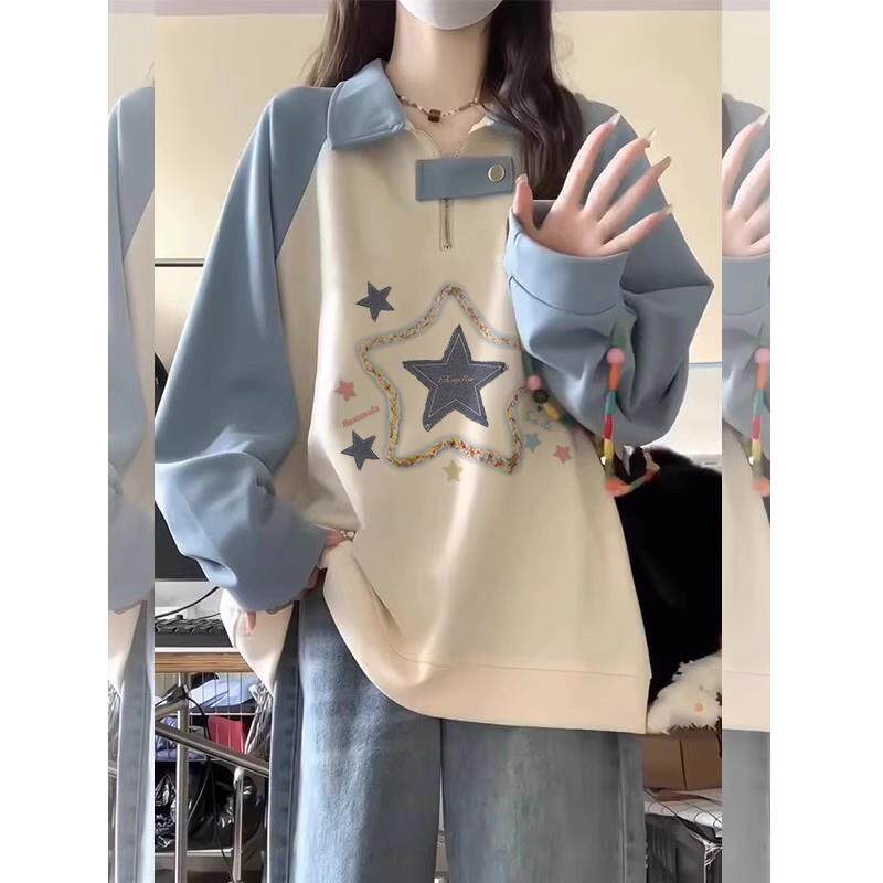 日本offcat星星撞色卫衣女2025秋冬慵懒风宽松上衣薄款外套