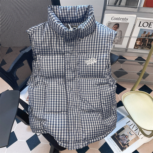 日本offcat美式外穿无袖格子坎肩羽绒马甲女秋冬设计感小众立领棉