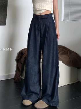 日本offcat美式复古深蓝色牛仔裤女2025夏季新款高腰宽松显瘦褶皱