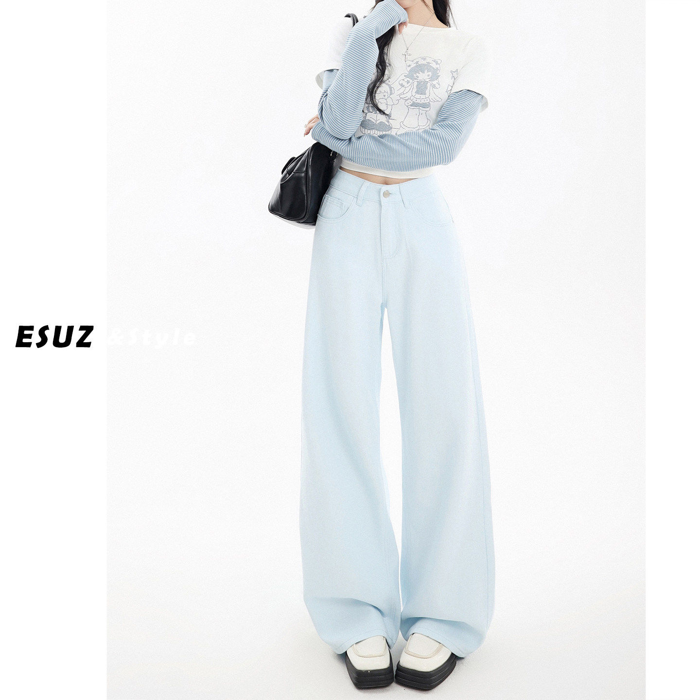 日本offcat浅蓝色阔腿牛仔裤女秋冬加绒款高腰宽松显瘦小个子垂感