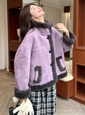 日本offcat紫色皮毛一体羊羔毛棉服外套女冬2025新款小个子短款韩