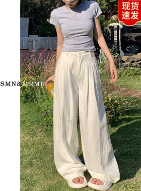 日本offcat白色宽松褶皱纹理直筒牛仔裤女2025春季新款高腰显瘦垂