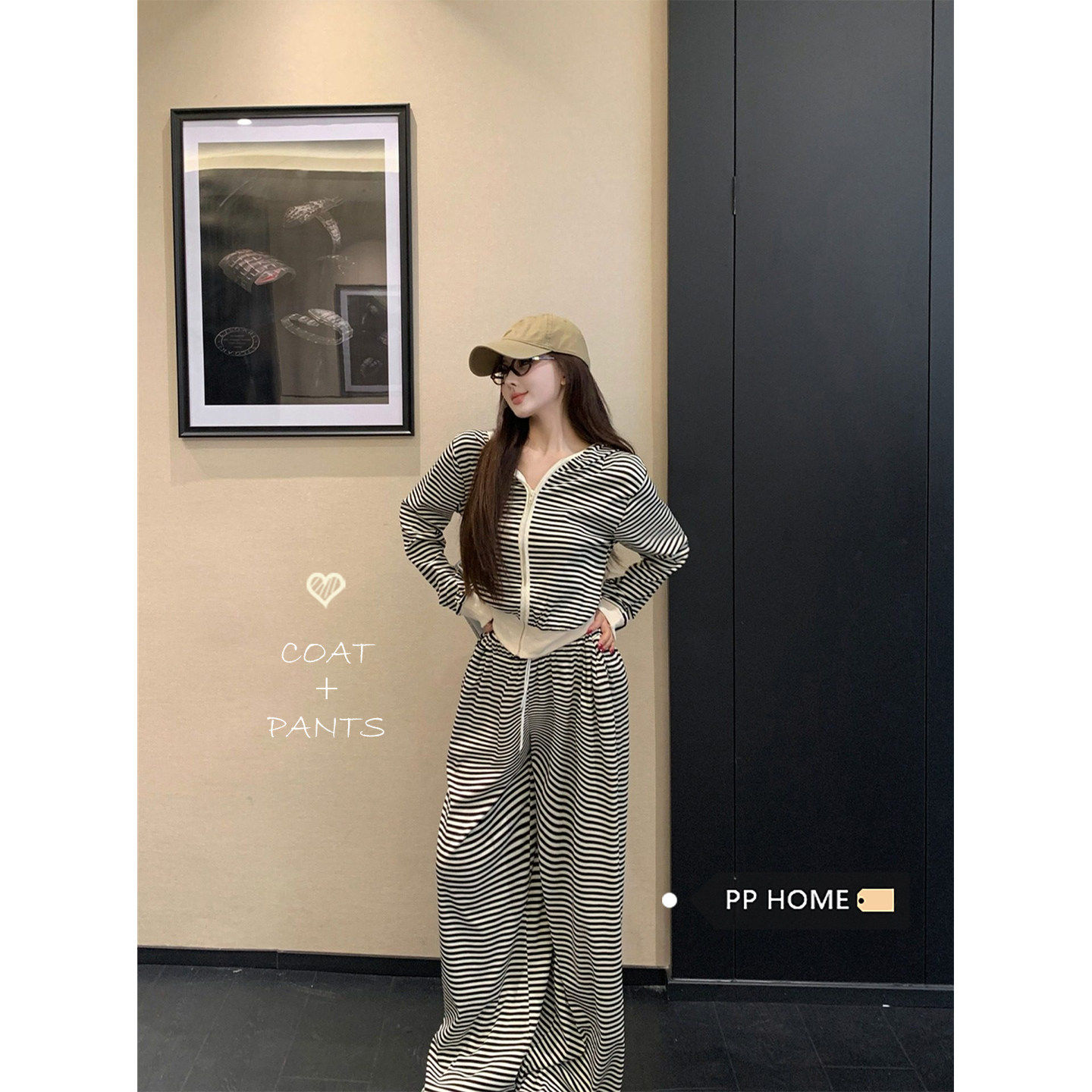 日本offcat休闲风套装杏黑条纹连帽拉链卫衣外套女秋冬宽松垂感阔,女装/女士精品,时尚套装,淘宝优惠券,粉丝福利购,淘宝优惠卷