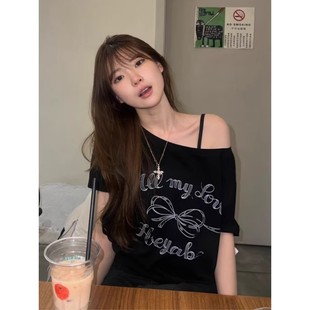 T恤女2025夏新款 日本offcat联名斜肩休闲短袖 甜辣妹一字肩上衣