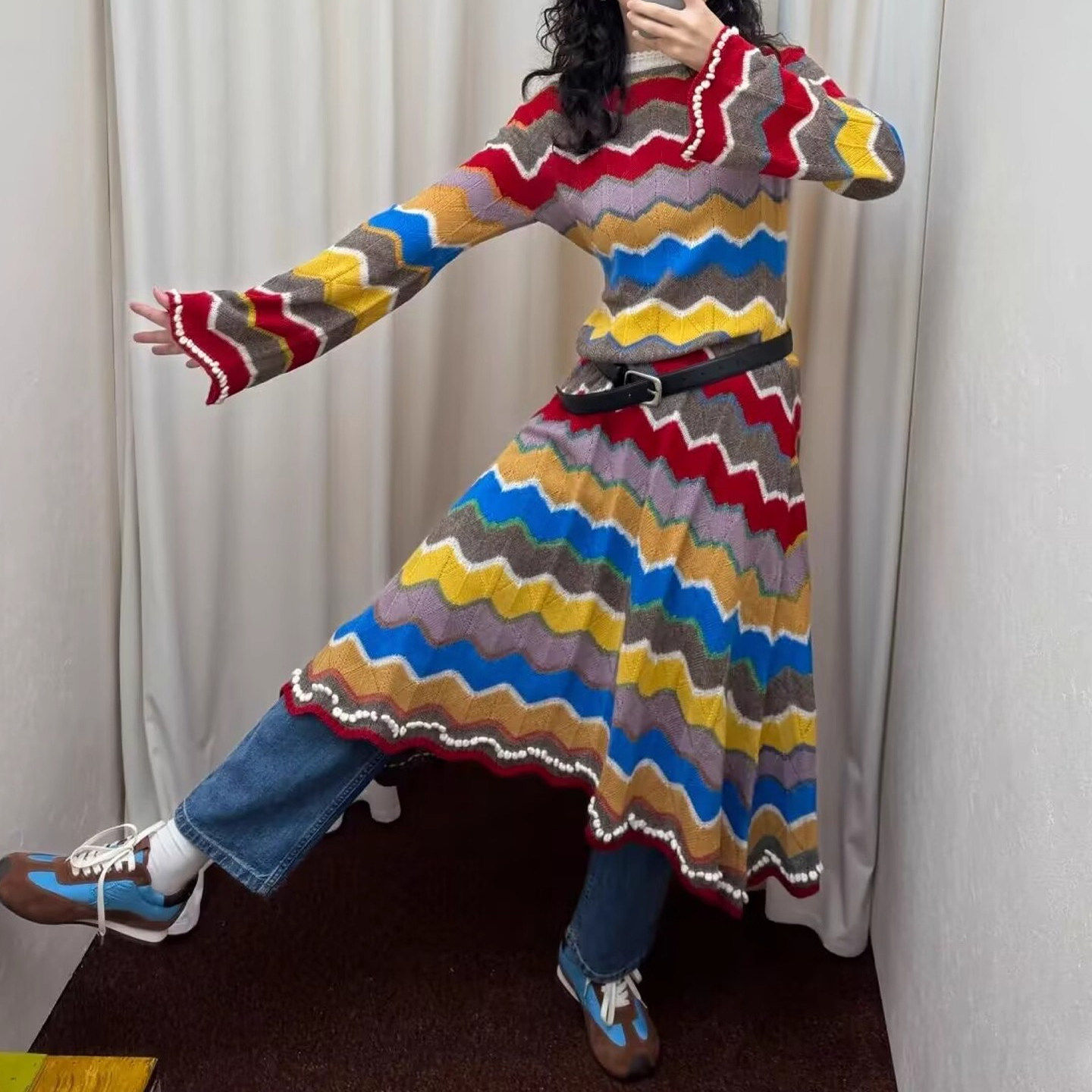 日本offcat秋冬季新款彩色条纹针织弹力上衣女宽松显瘦长袖连衣裙