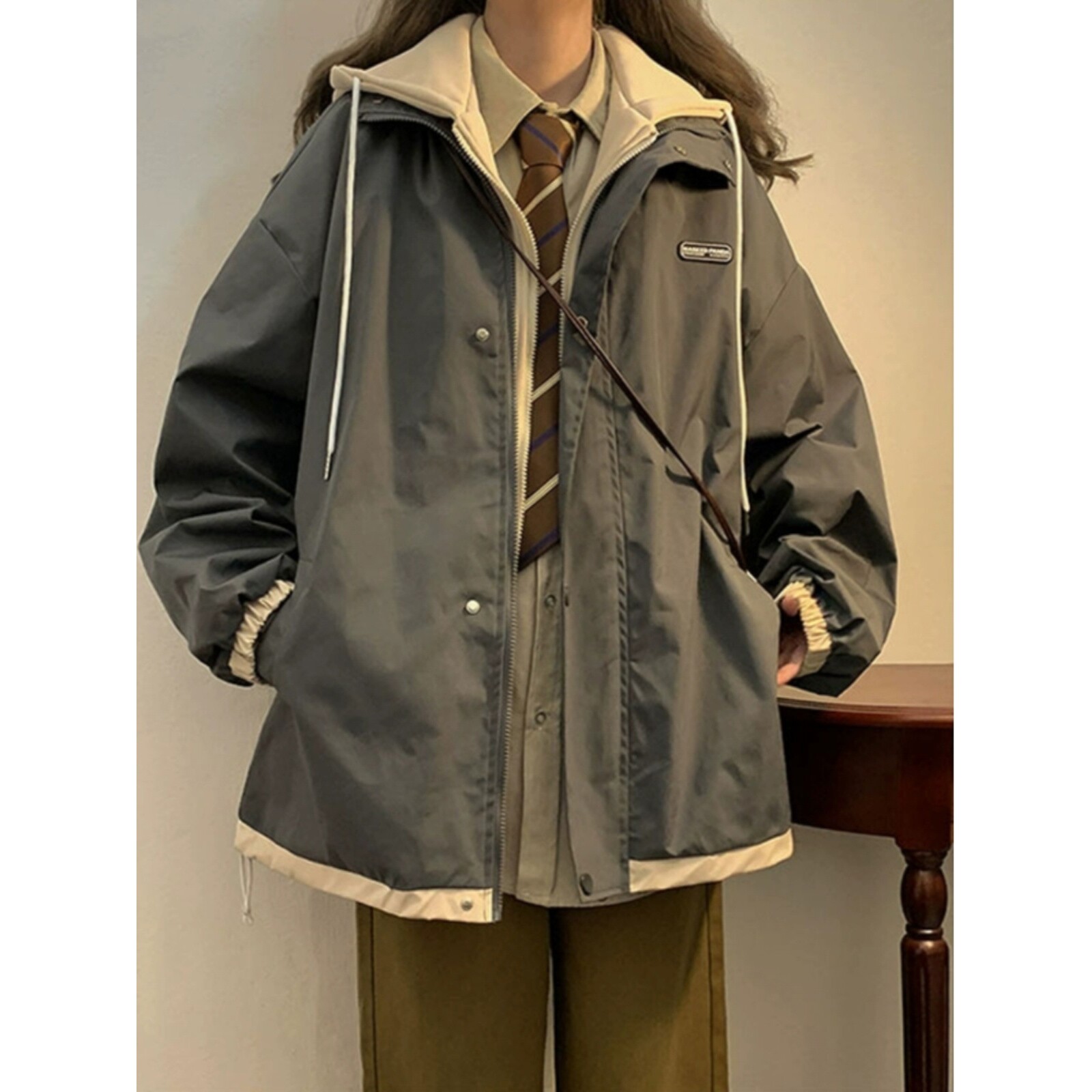 日本offcat联名美式冲锋衣女春秋季复古假两件棒球服夹克外套