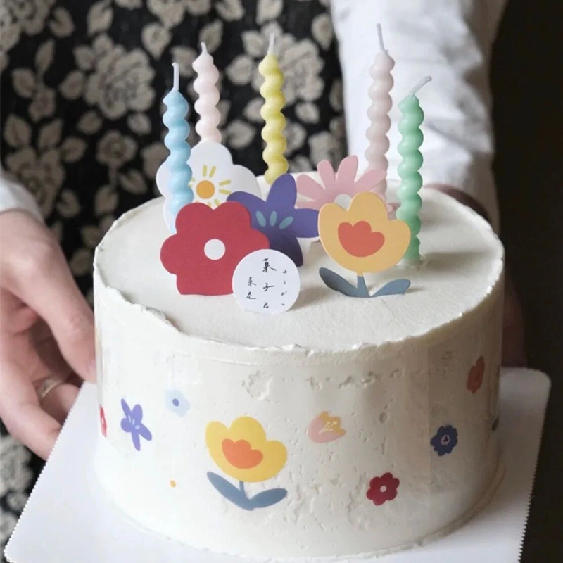 网红复古蛋糕装饰彩色曲线螺旋生日蜡烛插件小红花插卡小花插牌