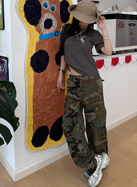 Narcos 程潇同款复古迷彩军绿色美式辣妹 工装低腰直筒牛仔裤显瘦