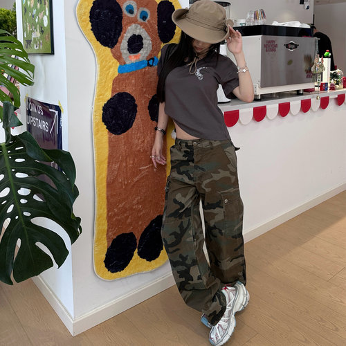 Narcos 程潇同款复古迷彩军绿色美式辣妹 工装低腰直筒牛仔裤显瘦