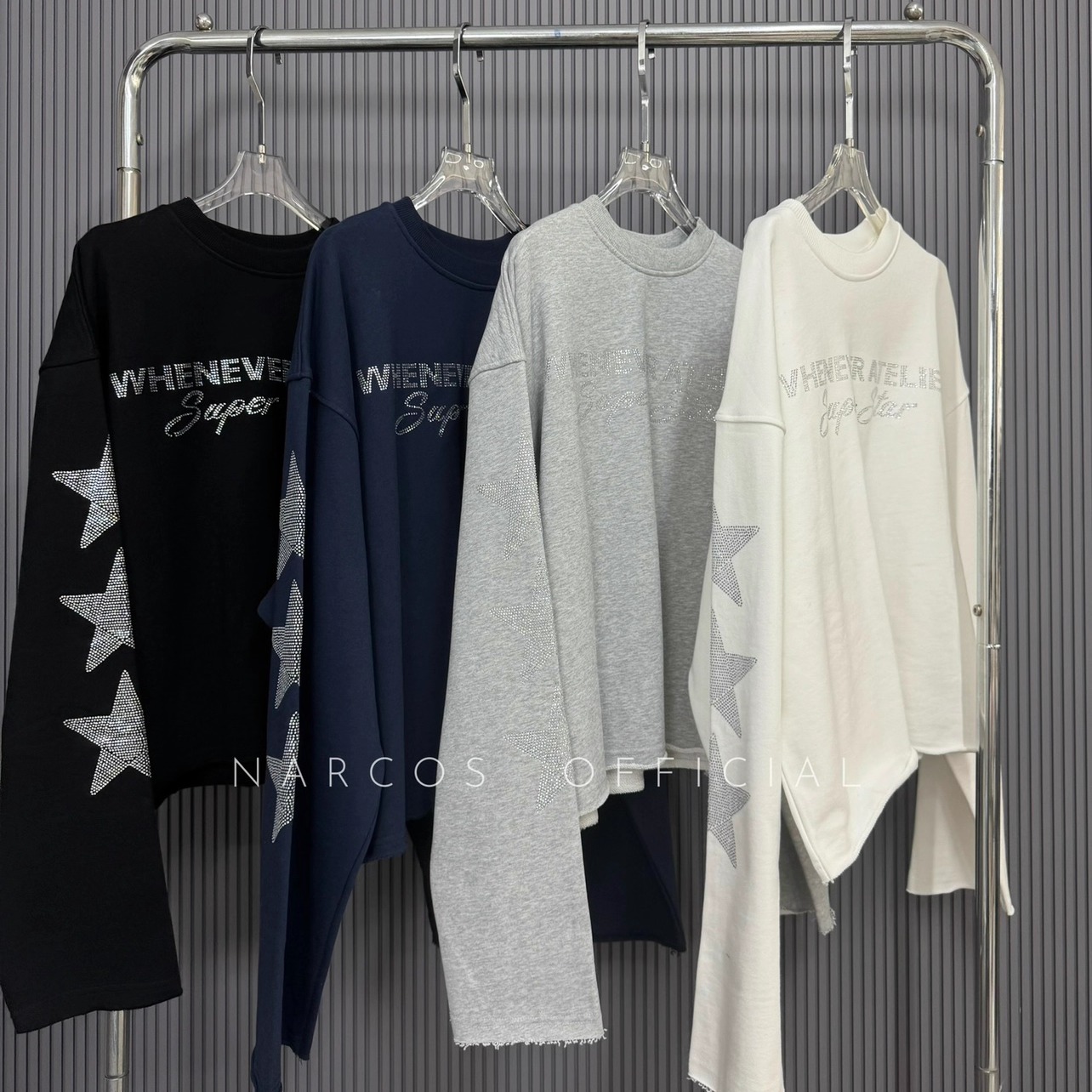 Narcos 美式复古烫钻星星字母长袖卫衣女25秋冬新款宽松百搭上衣