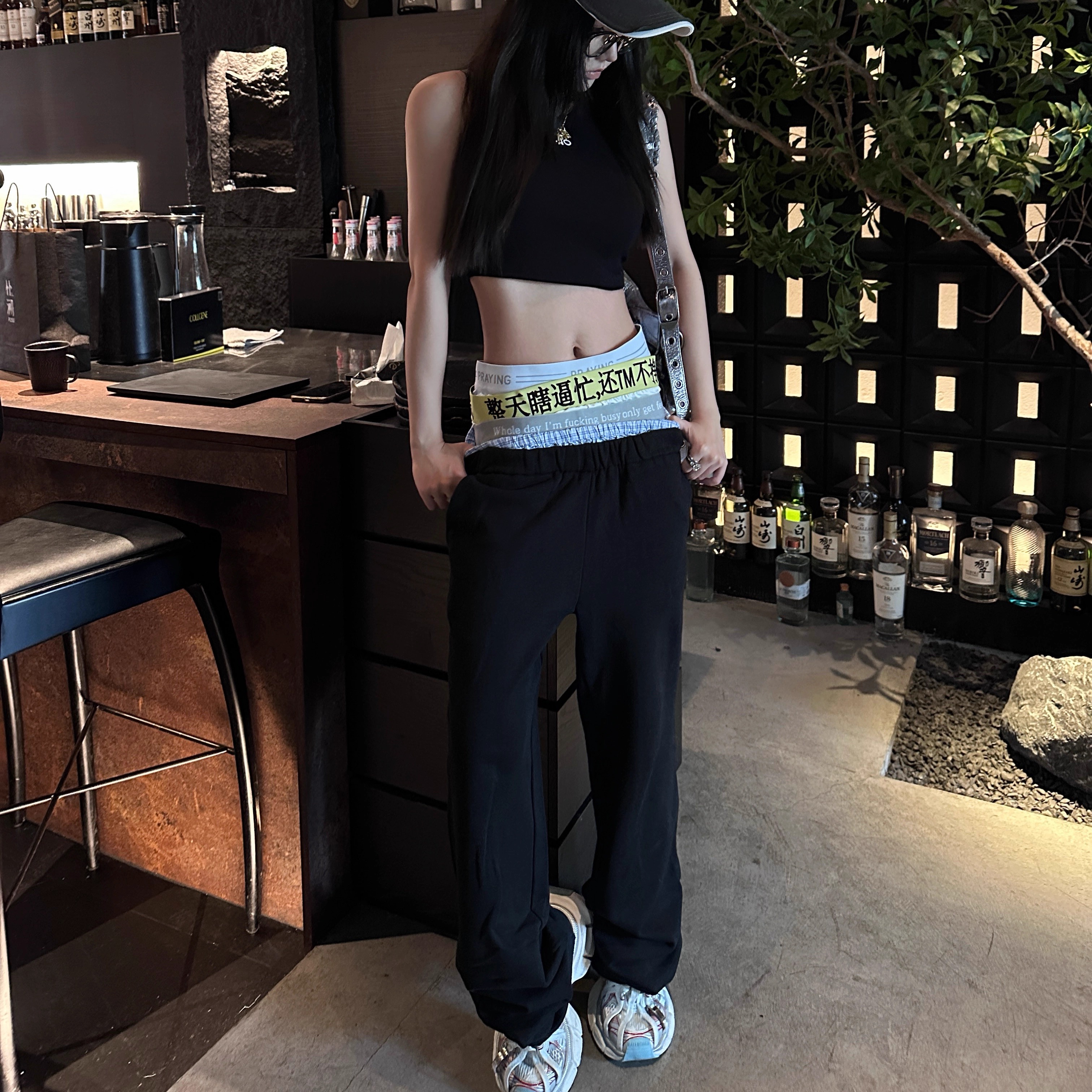 Lisa同款 Narcos25新款趣味恶搞标语五层腰休闲裤女宽松阔腿长裤