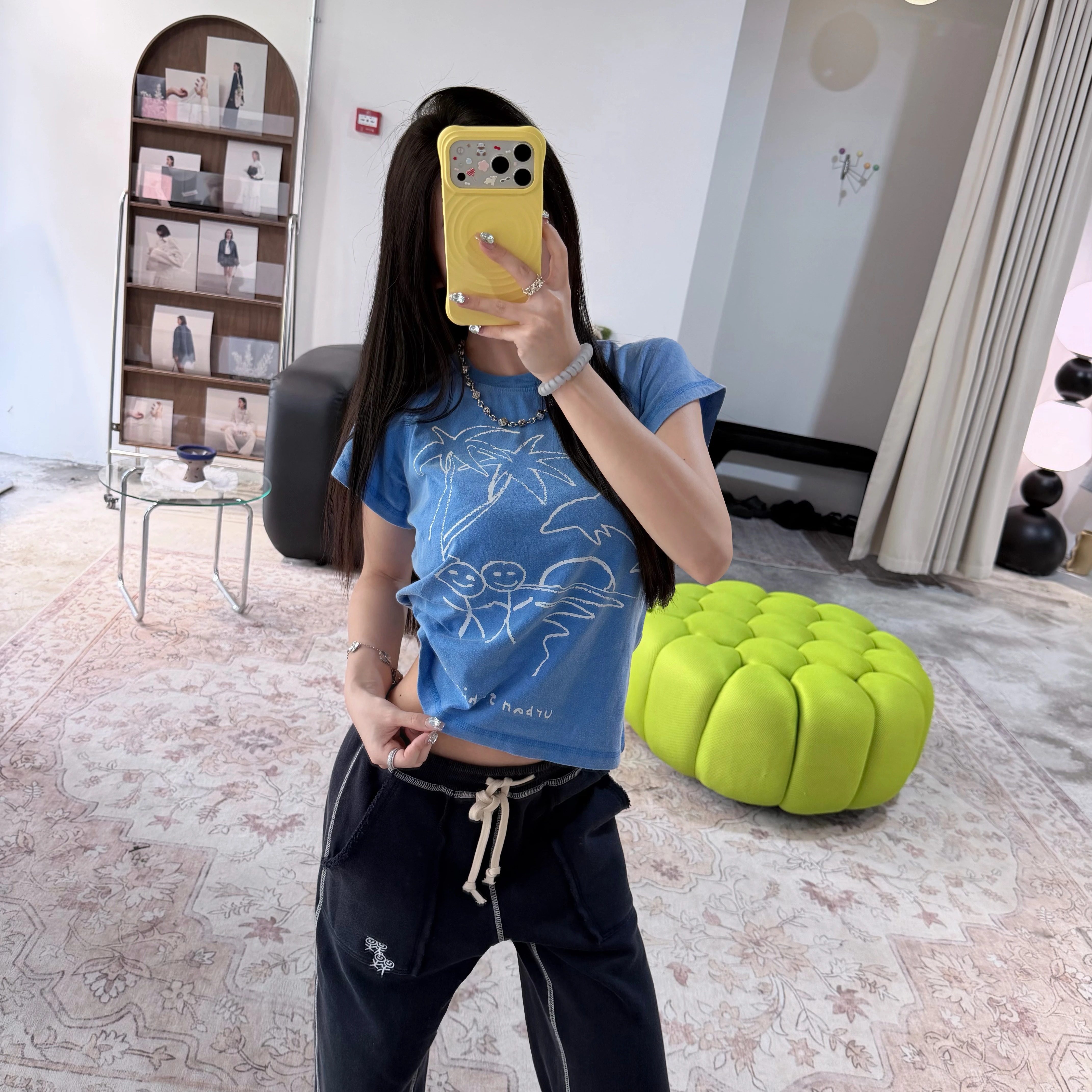 Narcos 火柴人度假印花水洗蓝色圆领插肩短袖T恤女修身显瘦上衣