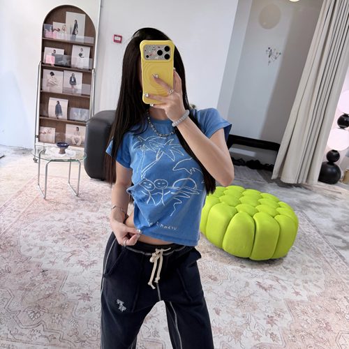 Narcos 火柴人度假印花水洗蓝色圆领插肩短袖T恤女修身显瘦上衣