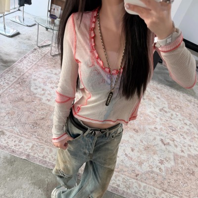 Narcos美式复古字母徽标渐变撞色做旧大U领长袖T恤女修身显瘦上衣