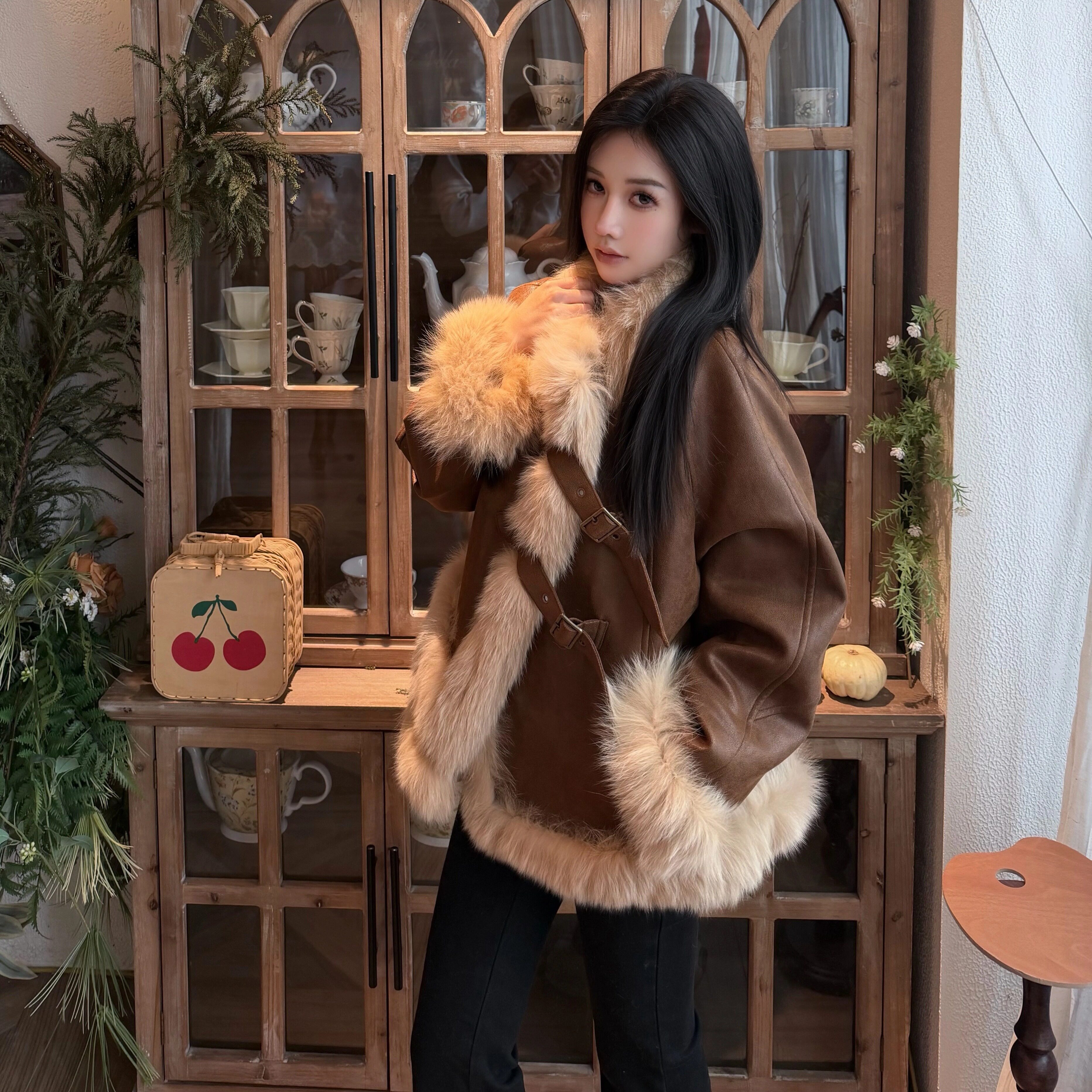 Narcos 真狐狸毛麂皮绒拼接鹅绒皮草外套女冬短款羽绒服皮草外