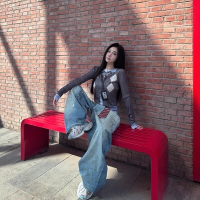 Narcos25早秋新款 领带工牌3D印花泼墨牛仔裤女宽松阔腿直筒长裤
