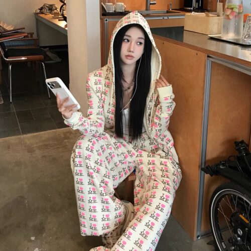 Narcos 奶黄色满印面具款连帽卫衣外套休闲卫裤套装女26春新款