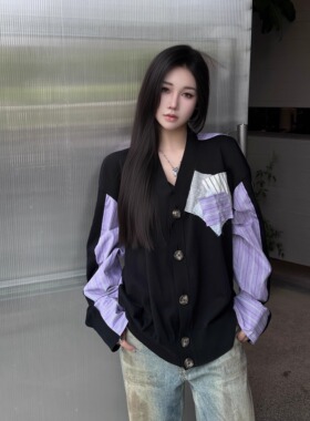 Narcos 日系土星刺绣针织开衫女25早秋新款条纹衬衫拼接外套