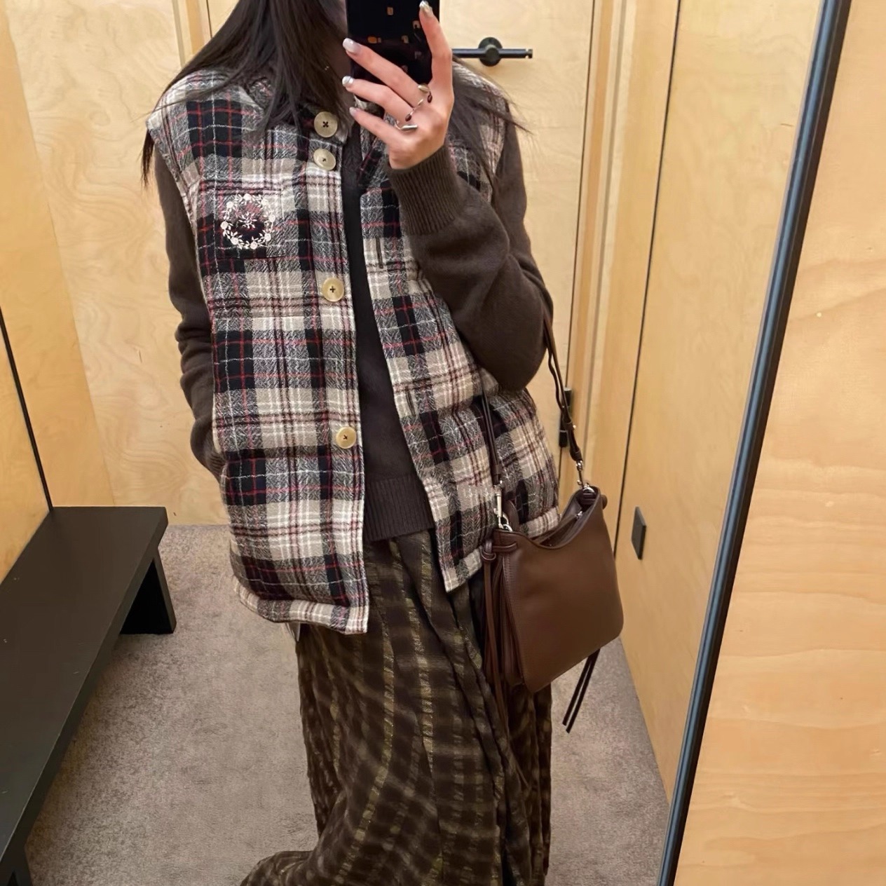 Narcos 复古拼色格纹刺绣马甲背心女25秋冬新款宽松百搭叠穿上衣