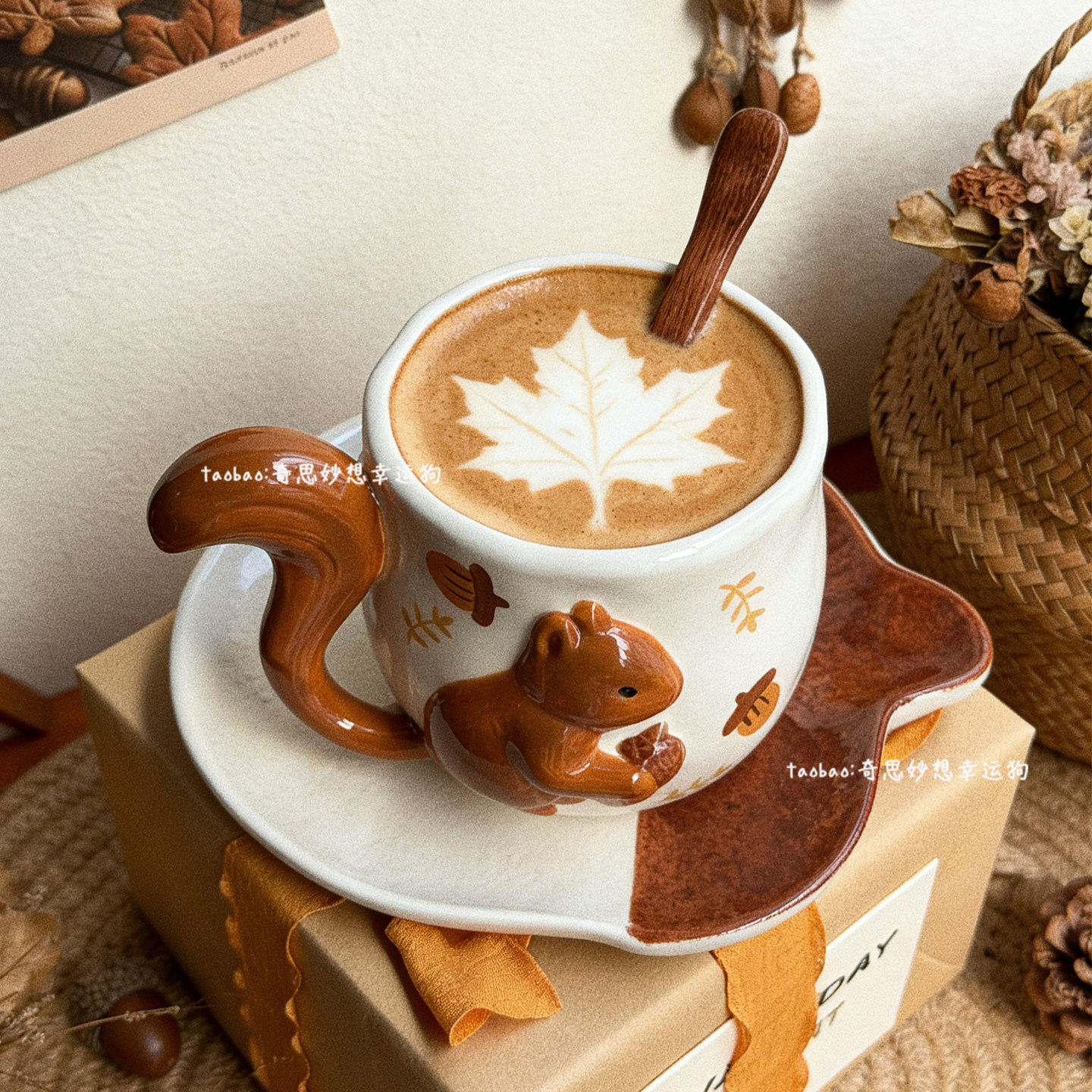 可爱栗子松鼠陶瓷咖啡杯碟套装送闺蜜生日礼物好看的马克杯子带勺