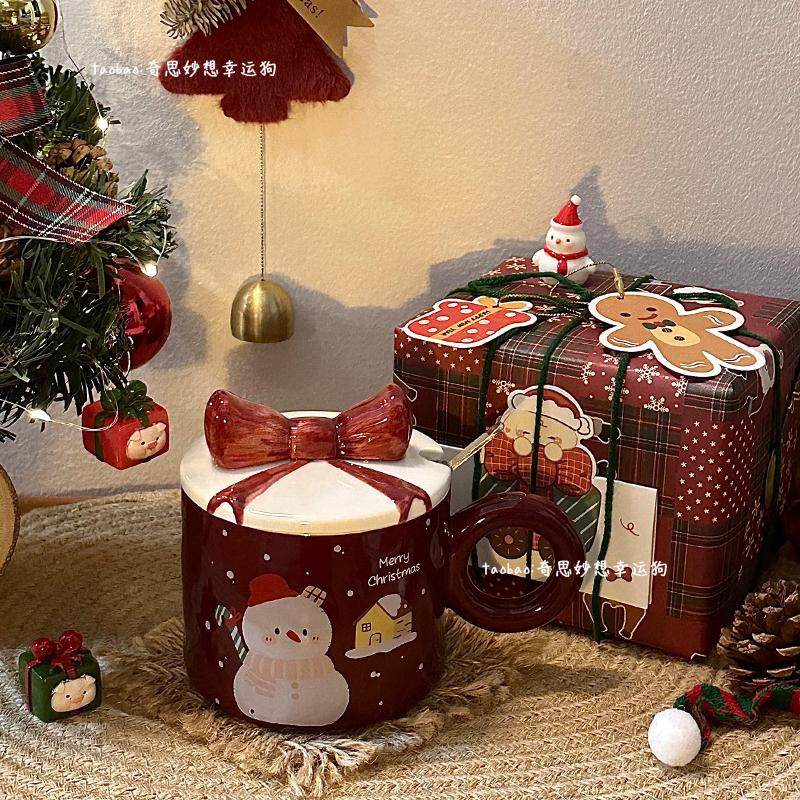 圣诞节礼物手绘立体蝴蝶结带盖勺马克杯家用办公喝水早餐杯子实用,餐饮具,马克杯,淘宝优惠券,粉丝福利购,淘宝优惠卷