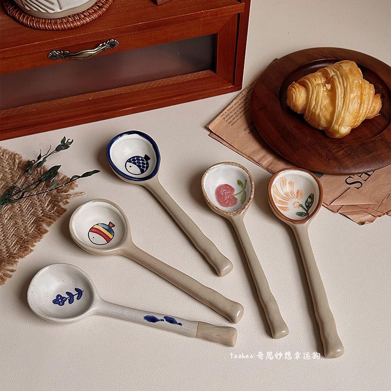 日式手绘创意陶瓷勺子长柄复古家用可爱汤匙粗陶饭勺调羹磨砂餐具