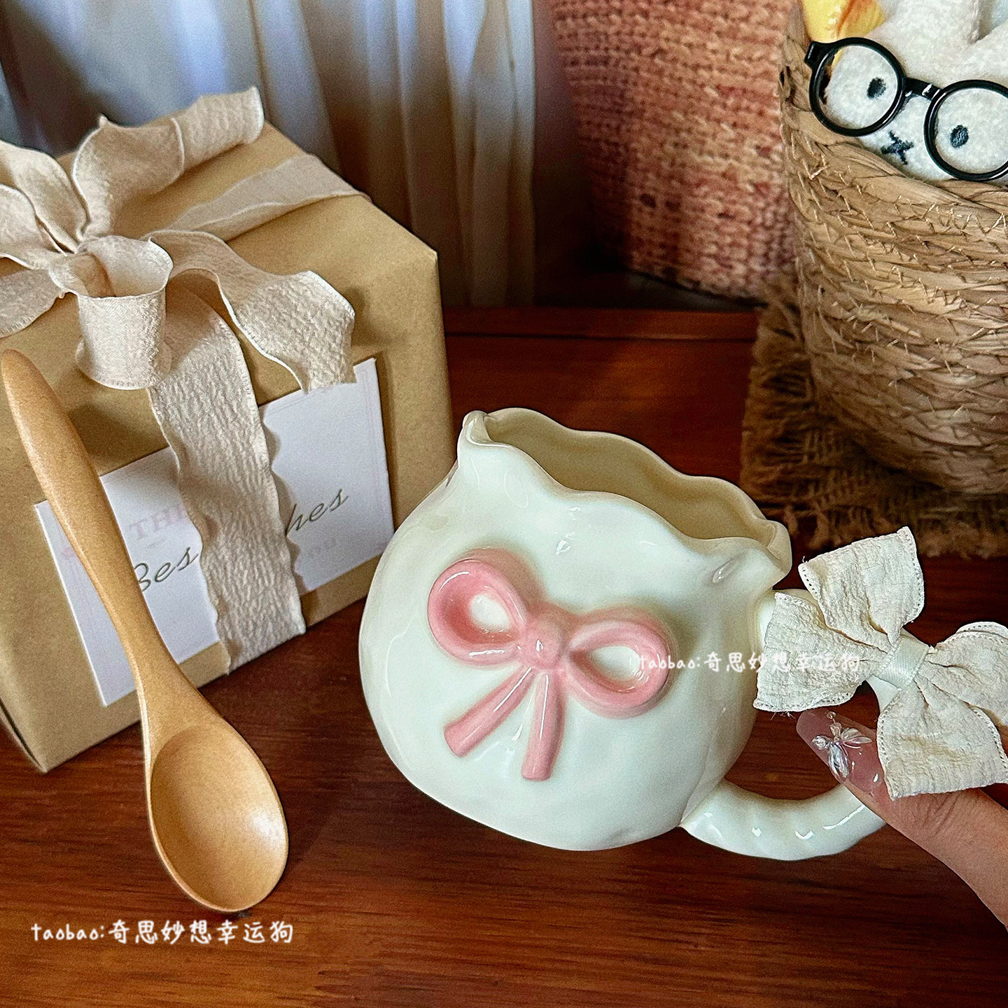 高颜值粉色立体蝴蝶结马克杯送女生生日礼物陶瓷杯小众轻奢咖啡杯