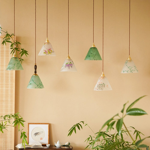 物几原创手绘新中式国风vintage氛围灯茶室卧室餐厅床头玻璃吊灯