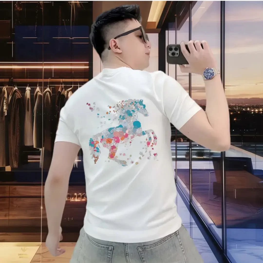 2026夏季男纯棉短袖T恤潮牌印花圆领时尚个性马年半袖上衣打底衫