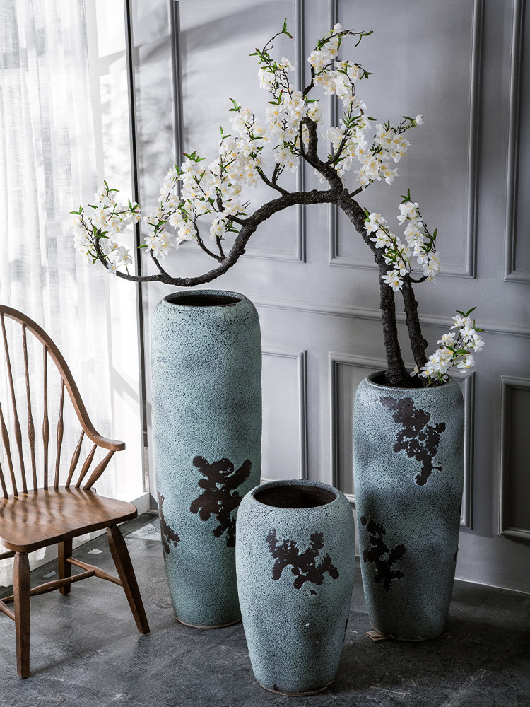 Floor-to-ceiling large vase Living room flower arrangement Ceramic decoration Vintage pottery pot Living room American hotel decoration Dry flower coarse pottery