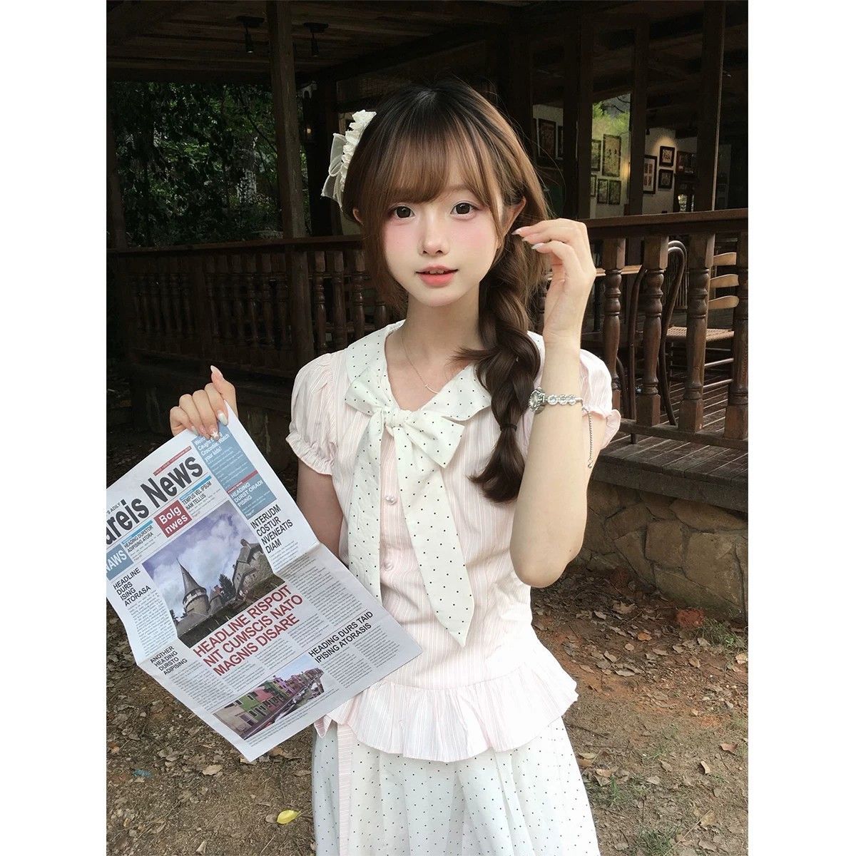 甜美少女风蝴蝶结花边上衣波点花苞长裙女夏两件套淑女套装